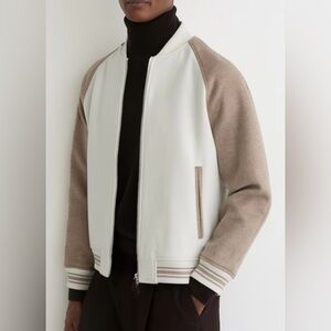 NEW Reiss Rylan Wool-Blend Color-Block Bomber Jacket Sz S OatmealOff White NWT